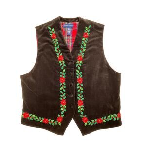 Vintage Karen Scott Christmas Velvet Vest Embroidered Poinsettia Cotton Sz M